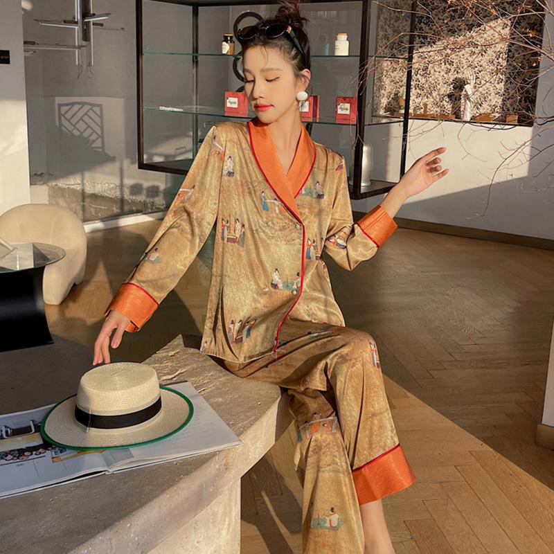 Ice Silk Lounge Wear Women's Pajamas Set Printed Lounge Clothes Long Sleeve Pants Set Loose Pajamas 2 Piece Pajamas Set