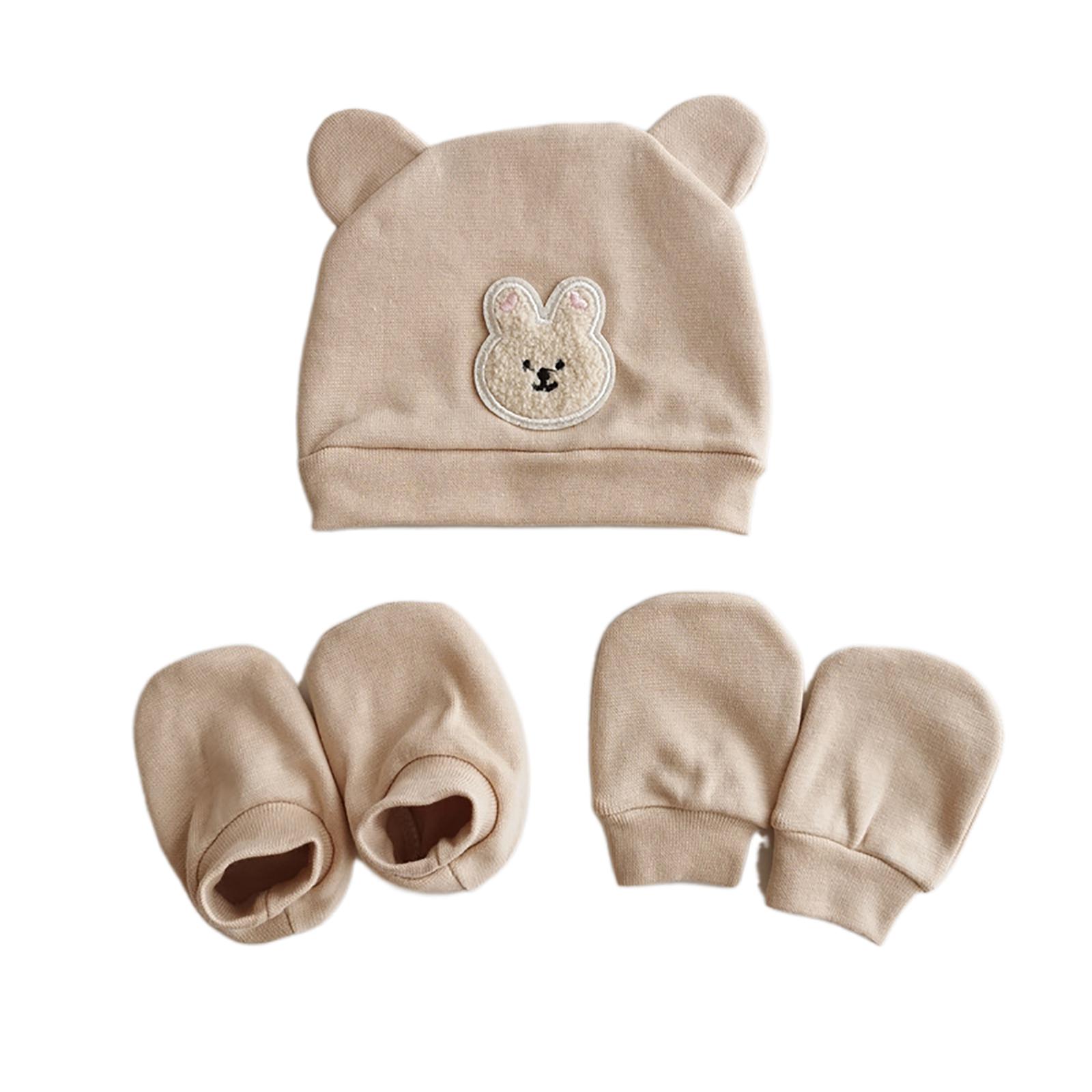 

3 шт./упак. Детская шапочка с рисунком плода, с перчатками и чехлом для ножек, мягкая и удобная шапочка и варежки для младенцев 1