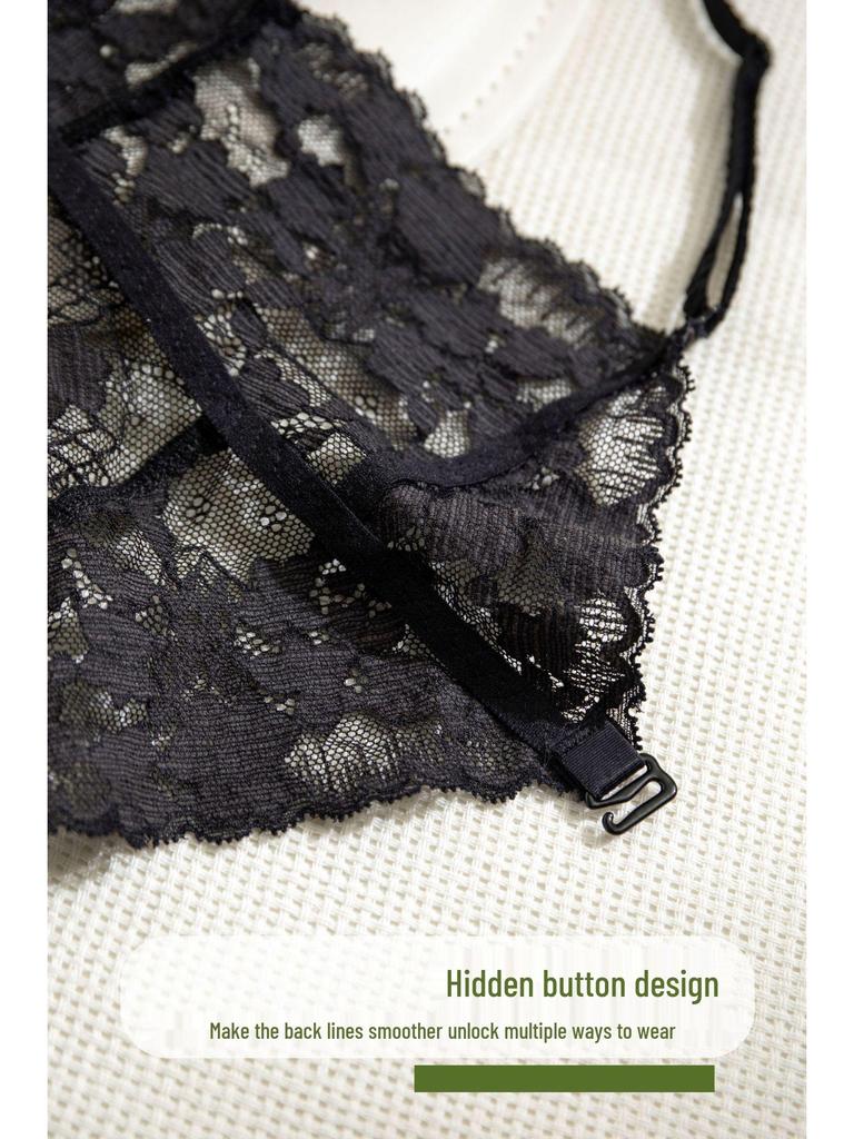 French Pure Desire Floral Lace Spaghetti Strap Triangle Cup Lingerie Set - Invisible Back Buckle Bra & Beautiful Back Design