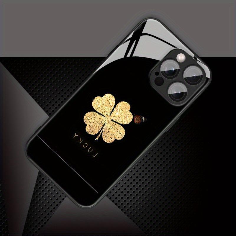 Minimalist Golden Lucky Clover Pattern Glass Phone Case For iPhone 17 16 15 14 Pro Max 13 12 11 17Air 16E 7 8 Plus XR XS X Cover