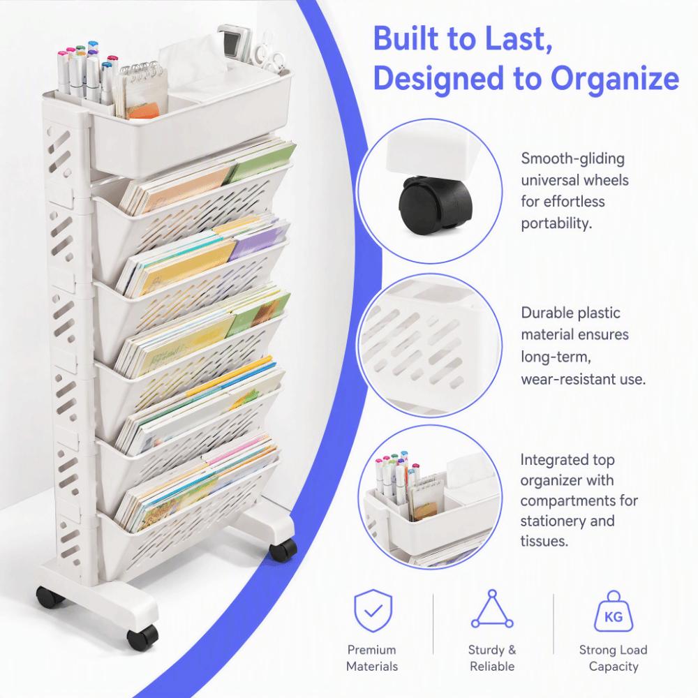 Plastic Mobile Bookcase Removable Storage Cart Durable Rolling Bookshelf Space Saving