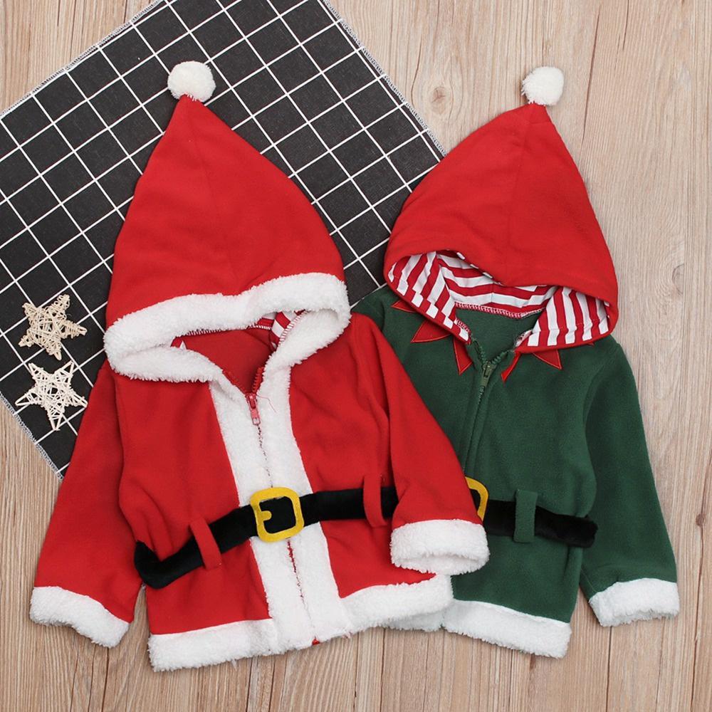 Christmas Santa Claus Kids Boys Girls Plush Zipper Striped Hooded Coat Autumn Winter Clothes for 1-6 Years