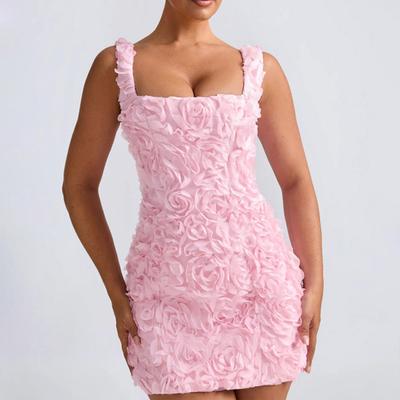Women Evening Dress 3D Rose Square Neck Sleeveless Slim Fit Backless Solid Color Lightweight Cocktail Party Prom Mini Dress