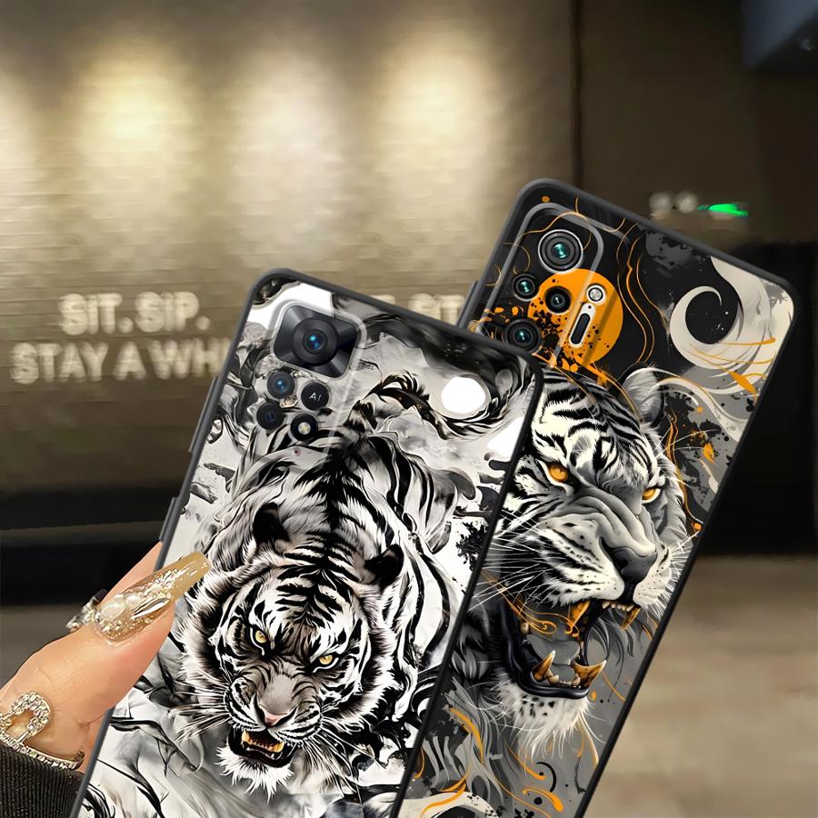 Black Soft Phone Cover Case for Xiaomi Redmi Note 11s 10S 13 14 Pro Plus 12s 7 8 9 10 11 12 9S Cool Silver Tiger