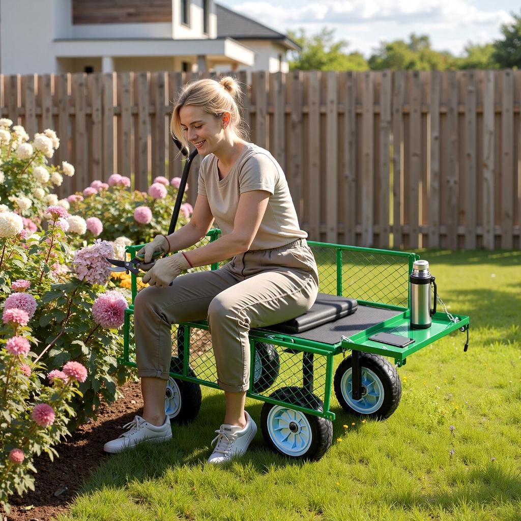 Garden Cart with Seat, 226.8 kg, Rolling Steel Garden Work Seat with Wheels, Heavy Duty Gardening Stool, with Tool Tray & Adjustable Handle, Outdoor