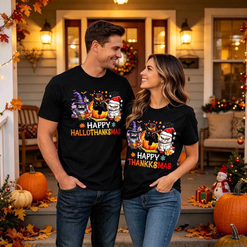 Happy Hallothanksmas Cat Tshirt Halloween Thanksgiving Christmas Three Holiday Cat Lover Graphic Tee Funny Seasonal Gift Shirt