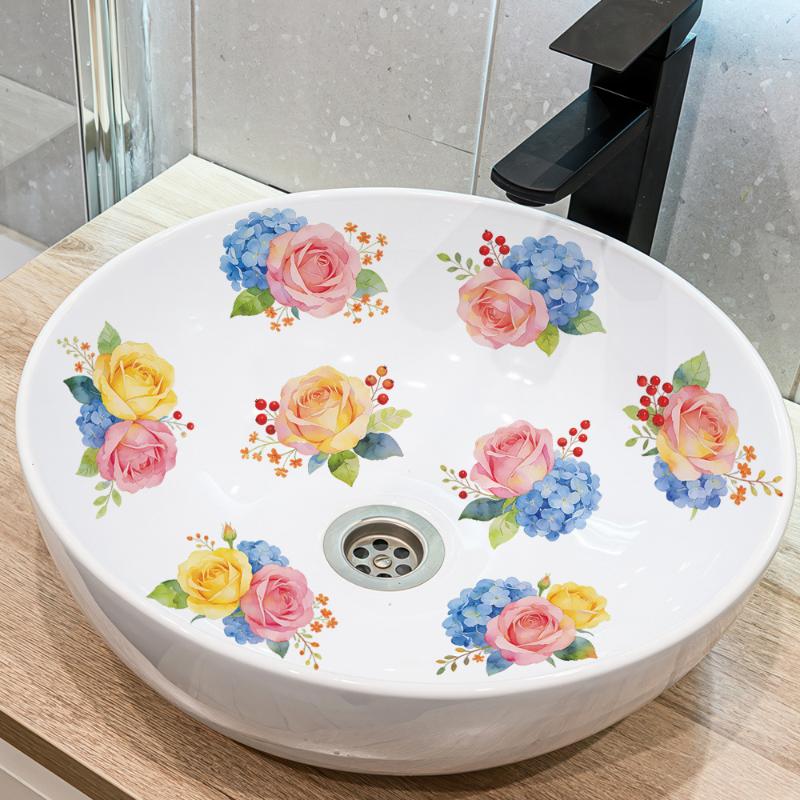 Floral Bathroom Sink Stickers Removable Self-Adhesive Waterproof Bathroom Toilet Decorative Sticker Bathtub Sticker Home Decor