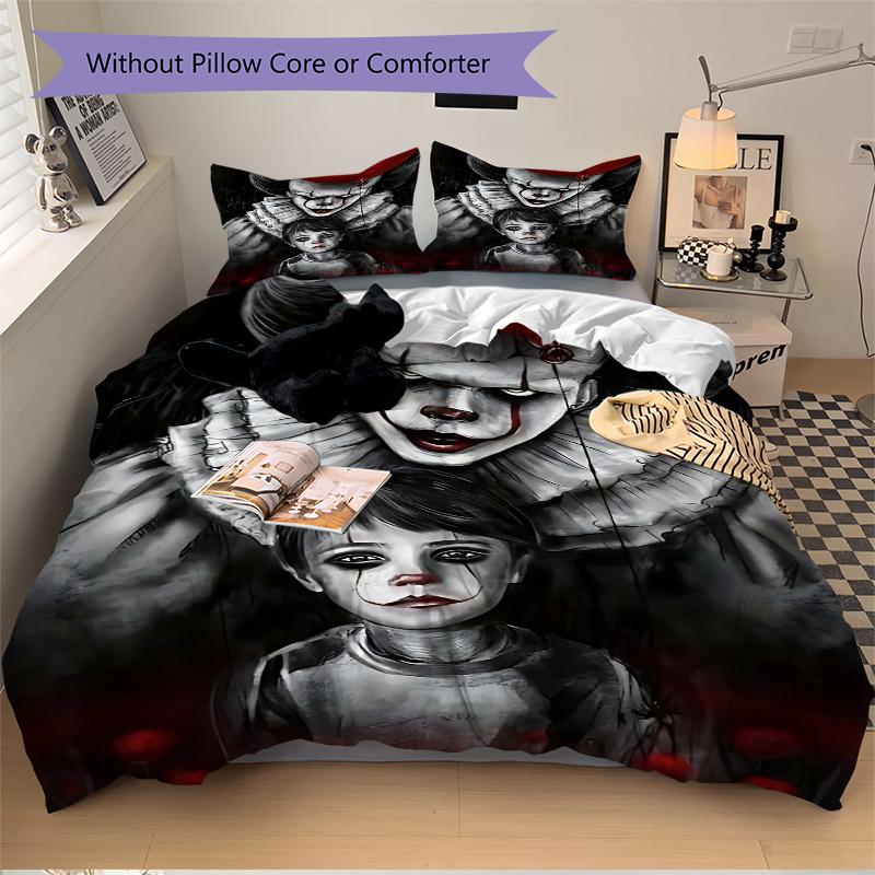 3pcs Creepy Clown Bedding Set, 1 Soft Quilt Cover + 2 Pillowcases, Machine Washable, Suitable for All Seasons