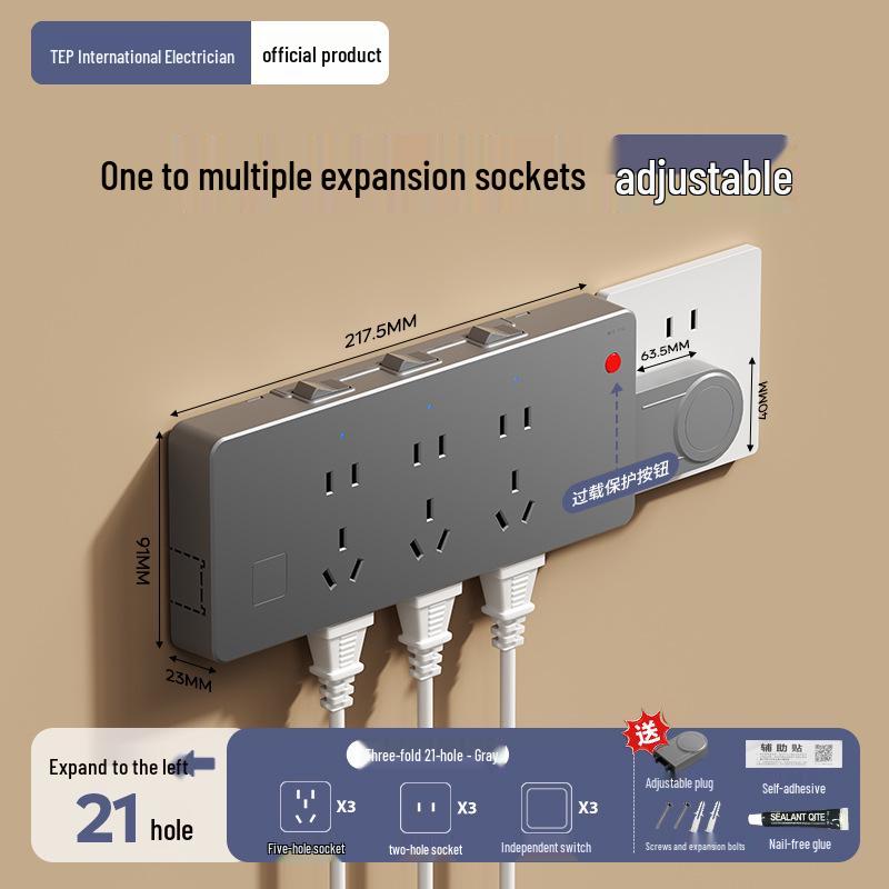 Expandable 86 Type Multi-hole Switch Panel Socket with Surface-Mounted Extension Converter for Household Use.