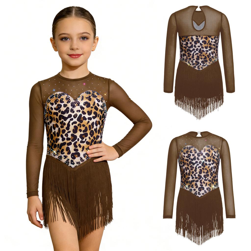 Children’s Latin Dance Competition Dress Leopard Print Fringe Long Sleeve Keyhole Back Mesh Patchwork Sparkling Rhinestone Tassel