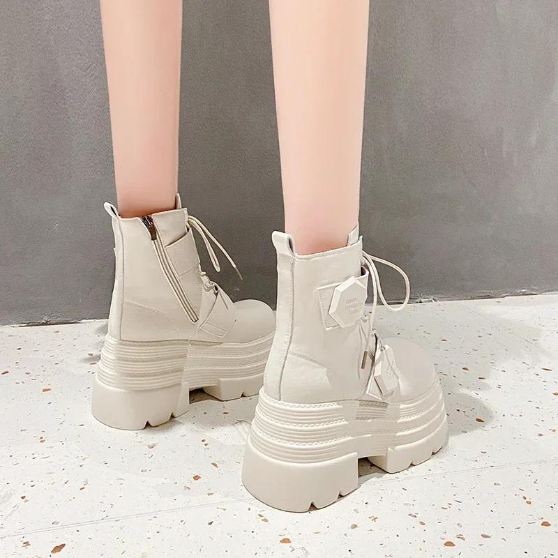 Fashion 10.5CM Winter Women Thick Sole Warm Fur Ankle Boots Platform Leather Motorcycle Boots High Heels Plush Chunky Punk Shoes Woman