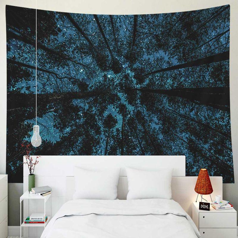 Looking Up Forest Starry Night Sky Wall Tapestry Tall Pine Tree Blue Cosmic Nature Landscape Scenery Bedroom Living Room