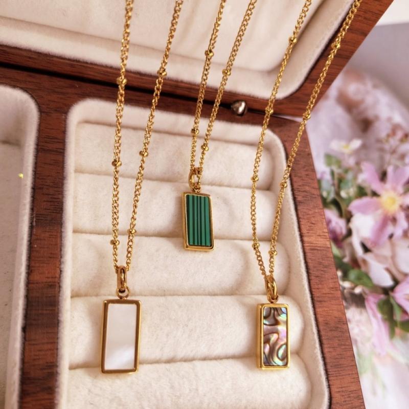 Women Simple Square Pendant Necklace with Removable Charm and Shell Inlay On Sturdy Stainless Steel Chain