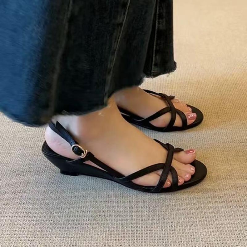 Fashion French Sandals Fashion 2025 New Summer Open-toed Roman Wedges Outdoor Comfortable High Heels One-word Buckle
