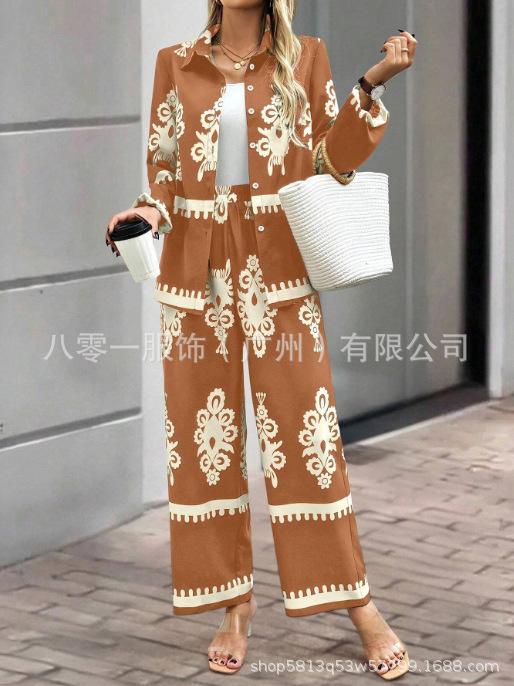 Women Printed Two Piece Outfit Lapel Long Sleeve Shirt & Elastic Waist Wide Leg Pants Casual Matching Set Fall Tracksuit
