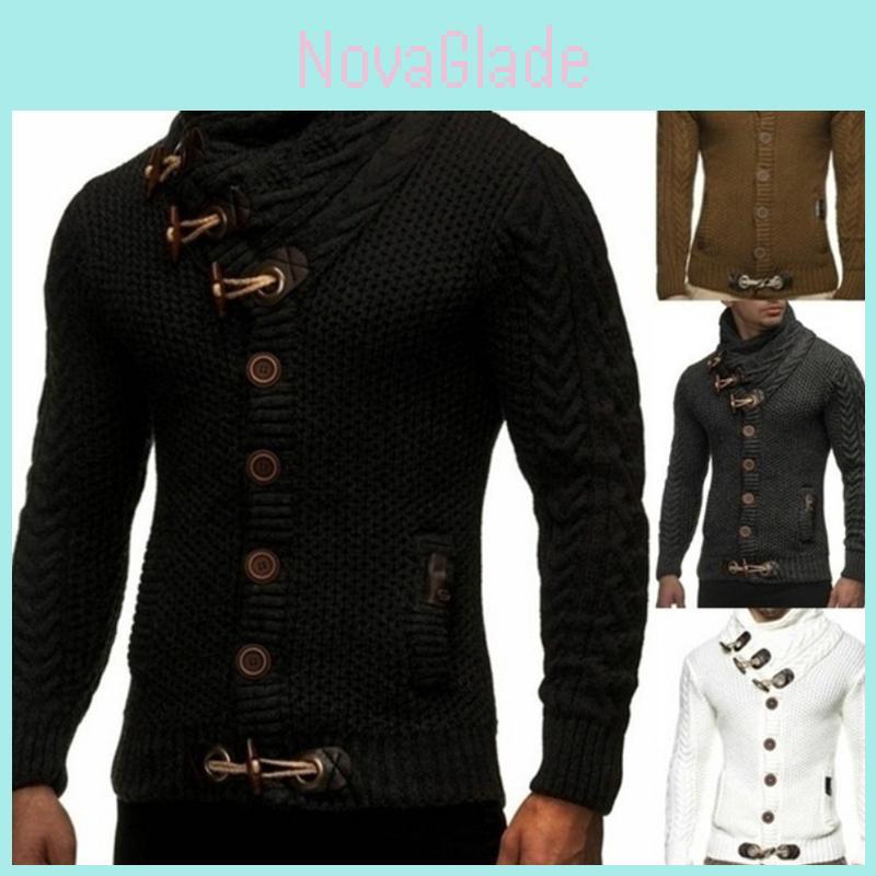 Elegant Men Long Sleeve Knitted Sweater With Horn Buttons And Turtleneck Coat Cardigan
