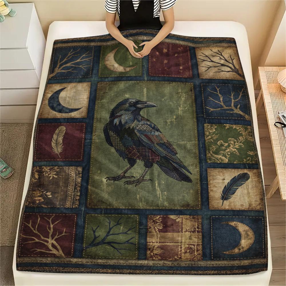 Crow Print Flannel Blanket, High quality Comfortable for All Seasons, Home Decor, Warmth and Comfort, Perfect for Christmas Gifts47