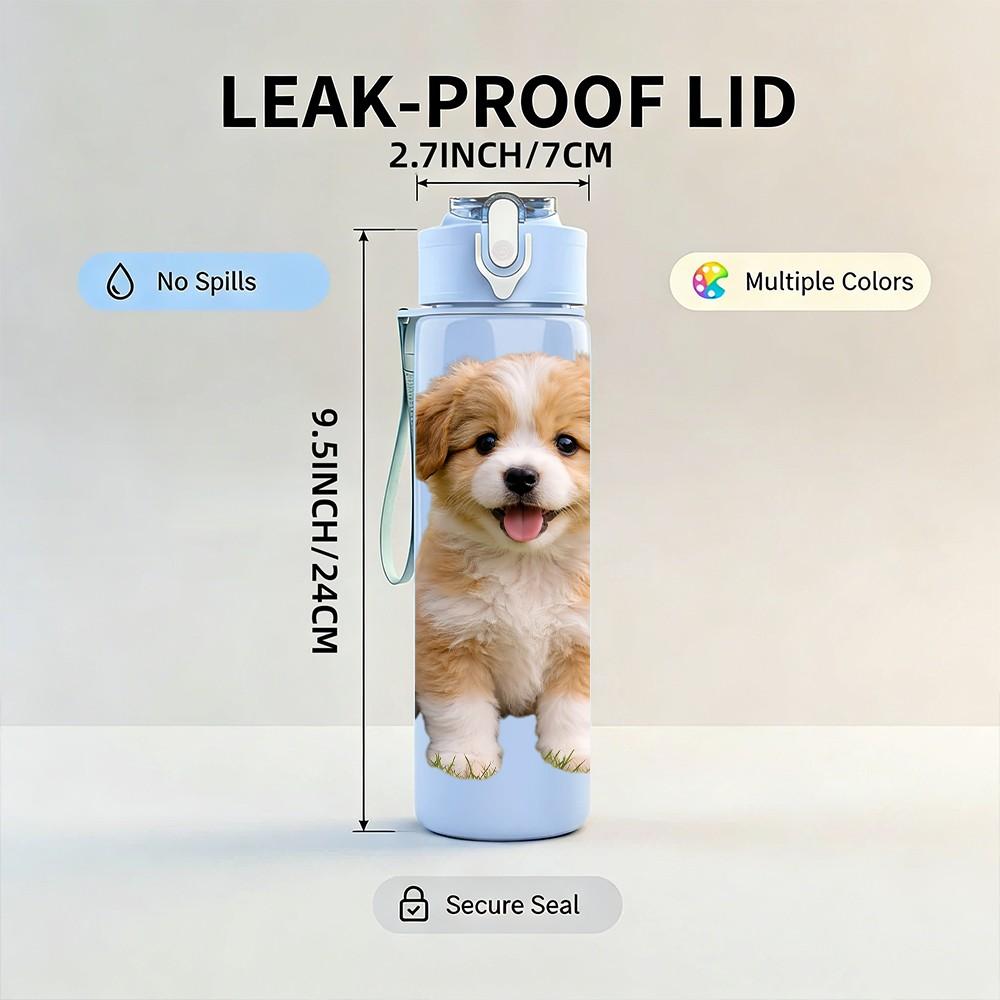 1PC Tiny Puppy Dog Cute Pet Animal Print 750ml Color Plastic Sports Water Bottle Leakproof Flip Straw Lid Suitable for Sports Office Home Use