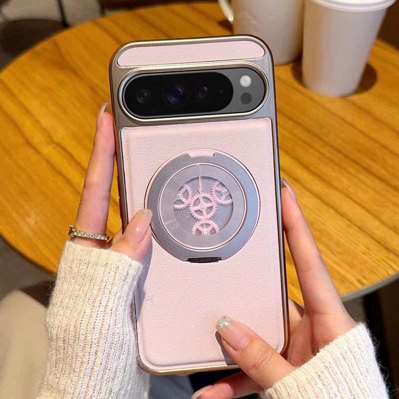 For Google Pixel 9 Pro XL Magnetic Case Rotating Kickstand Gear Stress Relief Leather Phone Back Cover