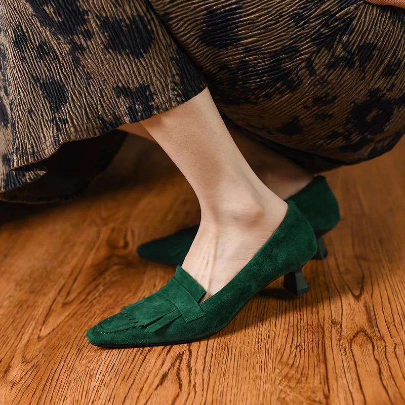 Fashion 2025 Spring/Autumn Sheep Suede Women Shoes Comfortable Retro Women Pumps Square Toe Heels Shoes Women Zapatos De Mujer Tassel