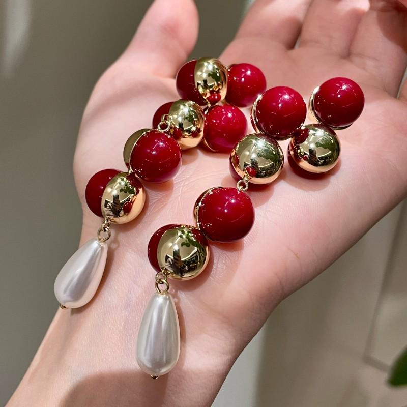French Gold and Red Pearl Inlaid Ear Studs - Elegant Long Earrings for Women