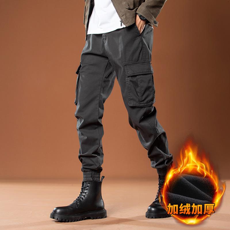 New Velvet Casual Pants Tied Feet Trendy Overalls Men's Handsome Multi-pocket Pants