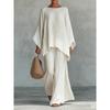 Womens Elegant Loose Fit Solid Color Linen Blend Shirt Wide Leg Pants Set 2026