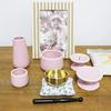Mini 7-Piece Buddhist Altar Set: Orin (Buddhist Bell), Incense Burner, Incense Ash, Candle Holder, Vase, Teacup, and Offering Stand (Pink)