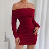 New Autumn Winter Women's European American One-line Collar Long-sleeved Pleated Slim-fit Hip-hugging Sexy Dress