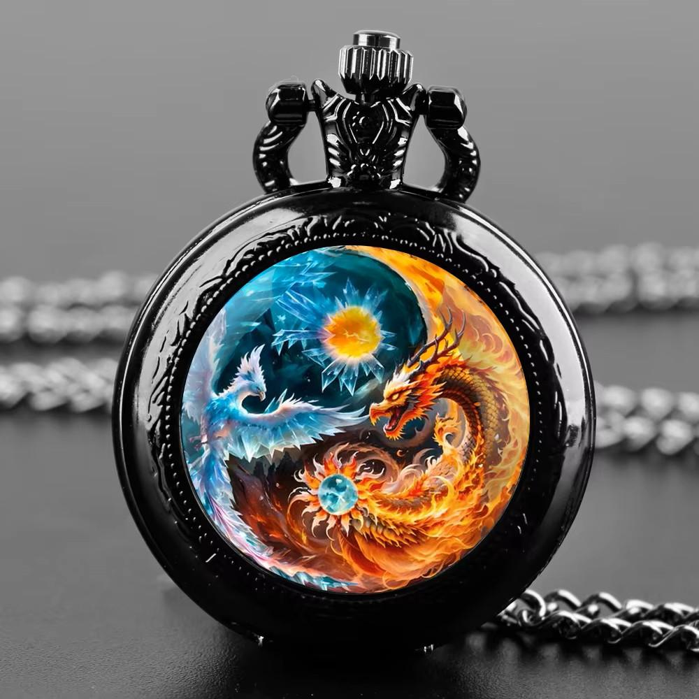 Vintage Retro Antique Dragon Phoenix Chinese Yin Yang Quartz Unisex Men Women Pocket Watch Quartz Necklace Pendant Clock Chain Classic Dial Gift