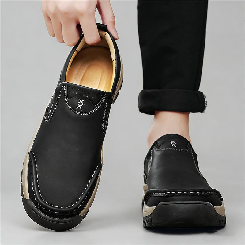 Retro New Black Brown Loafers Men's Thick-soled Outdoor Hiking Leather Casual Shoes Male Slip On Walking Footwears