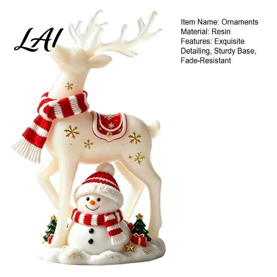 Christmas Table Decorations Reindeer Snowman Resin Figurine White Deer Statue with Red Scarf Decorative Collectibles for Home Winter Holiday
