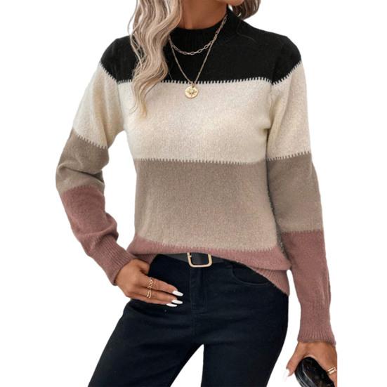 Women Knitting Tops Round Neck Knitted Pullover Tops Long Sleeve Color Blocked Loose Hem H-Shaped Warm
