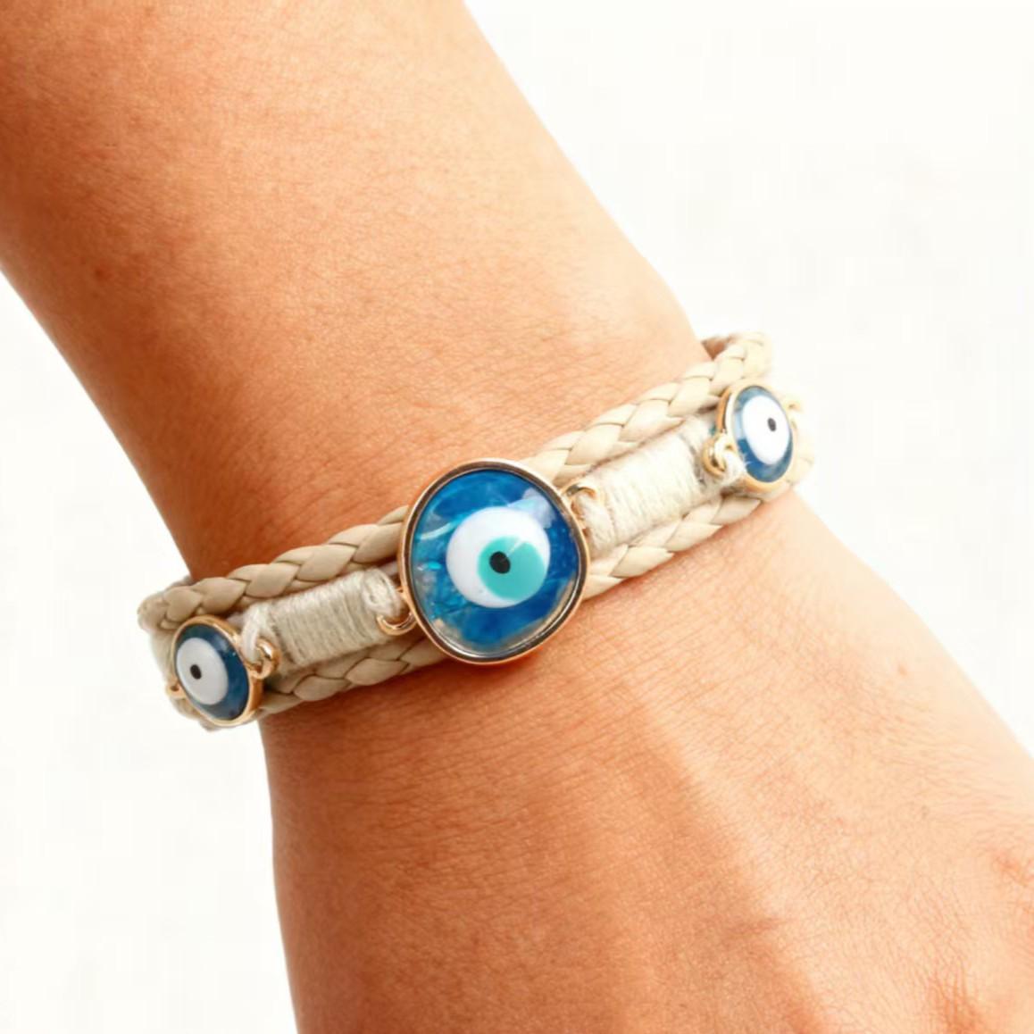 Evil Eye Women s Retro Handmade Woven Leather Bracelet with Turkish Blue Eye Charm 19.5cm