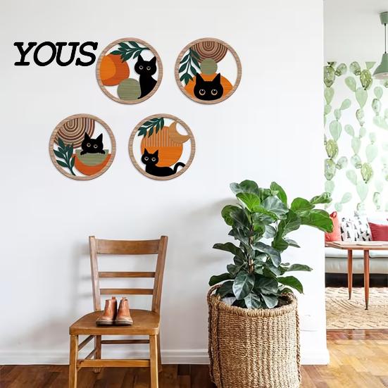 Animal Wall Decoration 4Pcs Black Cat Decor Set, Boho Cartoon Hanging Art, Set Farmhouse Rustic Wooden Plants Sign for Bedroom Living Room