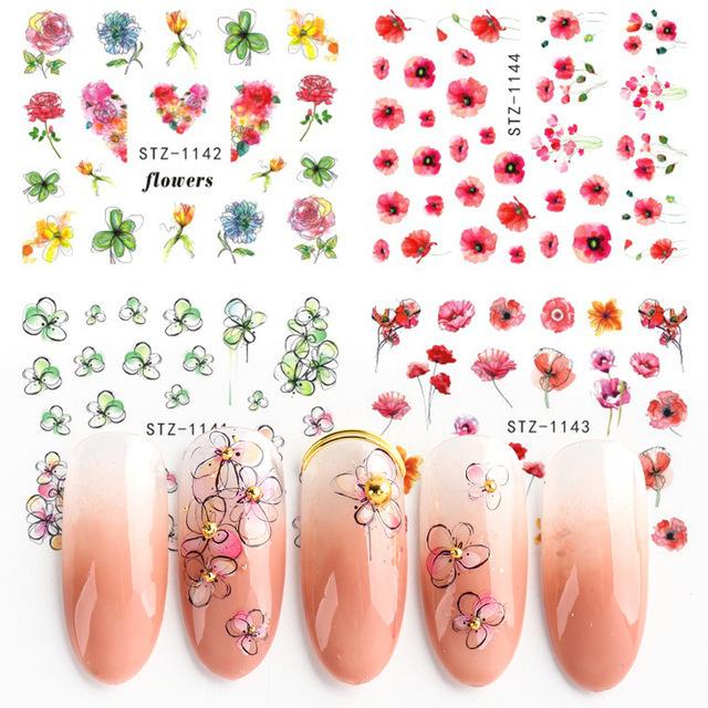 4Pcs Nail Art Slider Black Green Leaves Colorful Flowers Butterfly Spring Summer Nail Simple Designs Nail Art Stickers