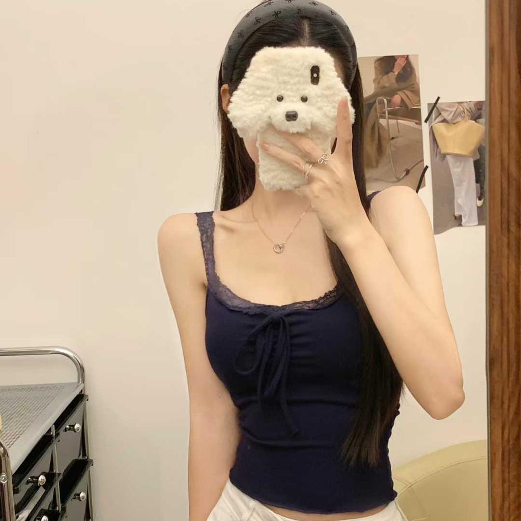 #Early autumn new sweet polished V-neck lace splicing bow sling slim fixed with chest pad