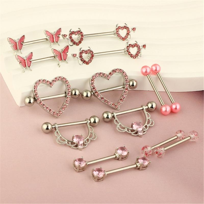 14pcs/Pack Elegant Nipple Bars and Rings Set Elegant Silver Pink Cubic Zirconia Nipple Rings for Trendy Women