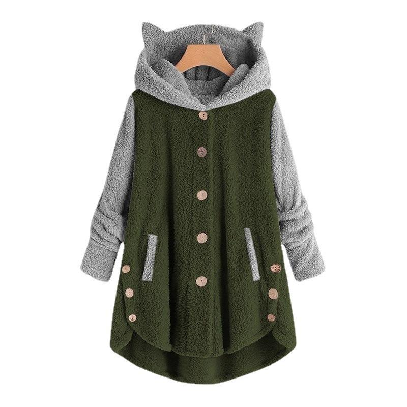 Autumn and Winter Button Hooded Cat's Ears (Steamed Cat-ear Shaped Bread) Plush Coat Irregular Color Matching Coat Women