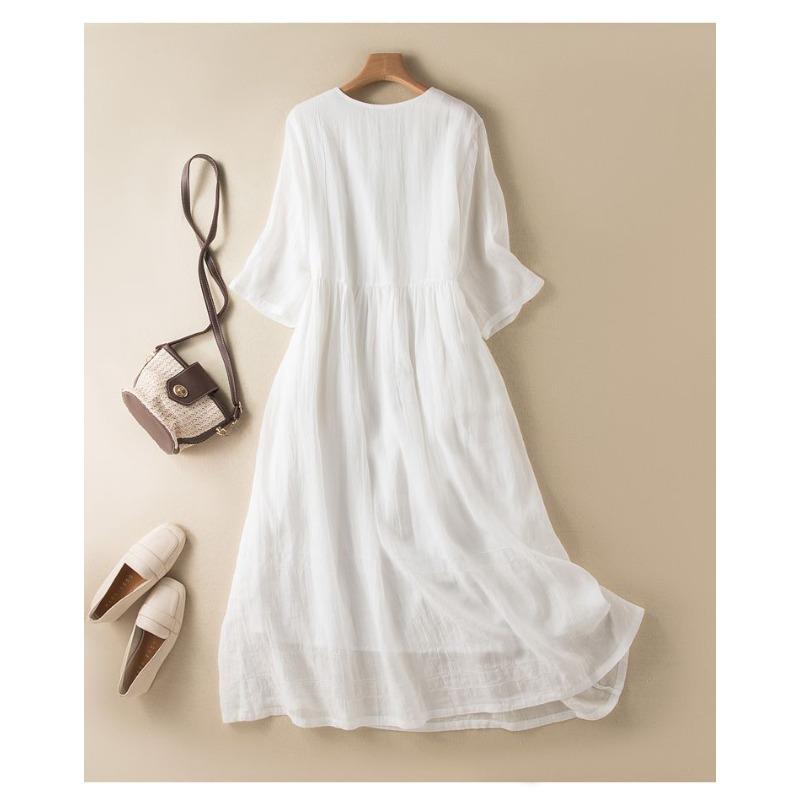 Japanese Style Summer Linen Dress Women Pure Color Slim Loose Long Dress Cotton Flowy Casual