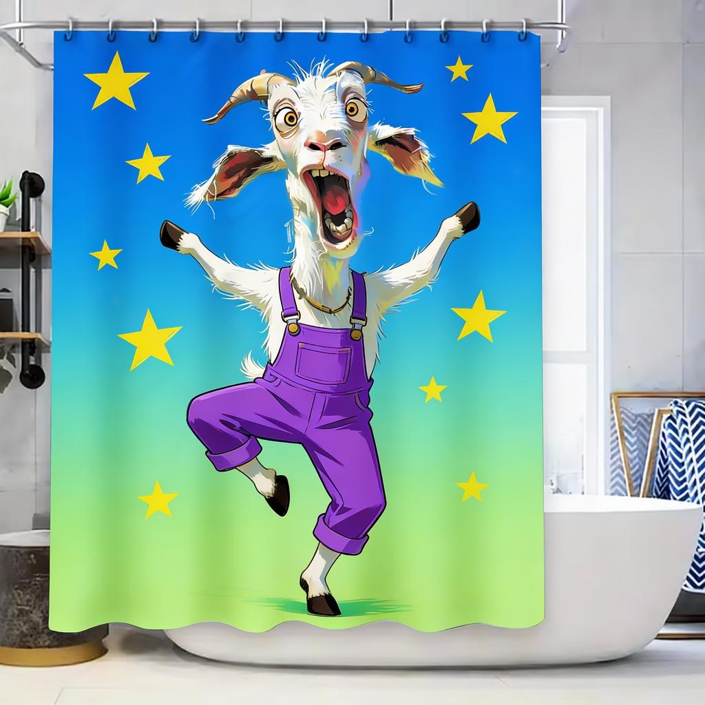 Goat Pattern Waterproof Mold-Proof Shower Curtain Creative Bathroom Curtain Unique Design Stylish Home Decor Complimentary Hook