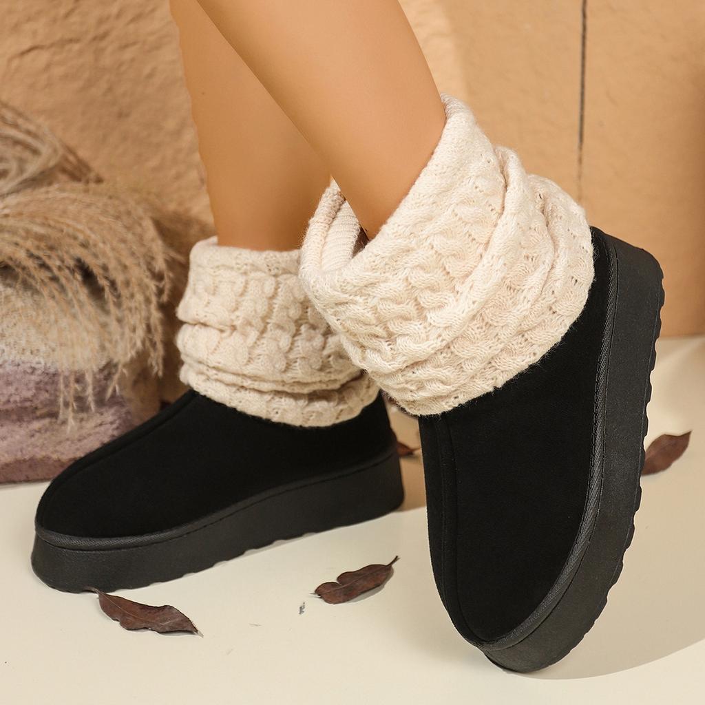 Fashion 2025 New Platform Snow Boots Women's Winter Fashion Round Toe Suede Paneled Yarn Plus Fleece Thickened Flat Cotton Boots