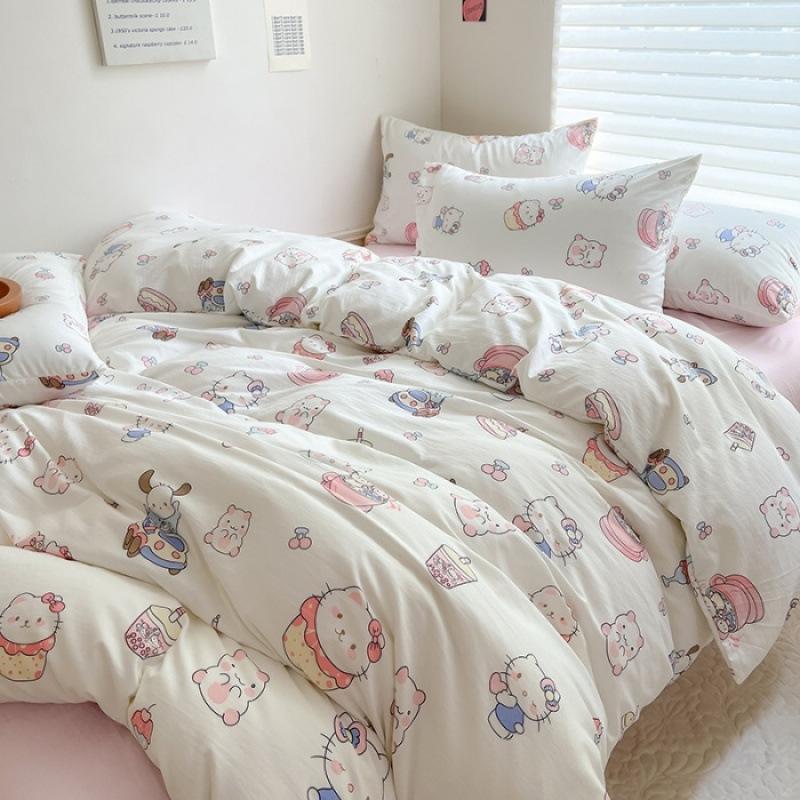 Class A Maternal Infant Grade Washed Cotton Linen 4-Pcs Set Double-Layer Yarn Quilt Cover Dormitory Bed Sheet 3-Pcs Set Household Bedding