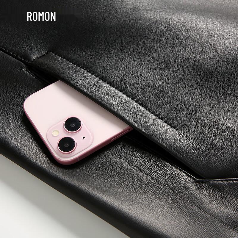 Romone Men's Genuine Sheepskin Leather Jacket with Stand Collar