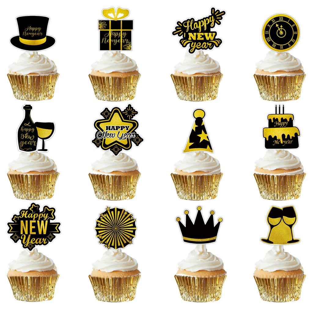 12/24pcs 2025 Happy New Year Cupcake Toppers Hello 2025 Cake Picks New Years Eve Party Supplies Welcome 2025 New Year Cake Decor