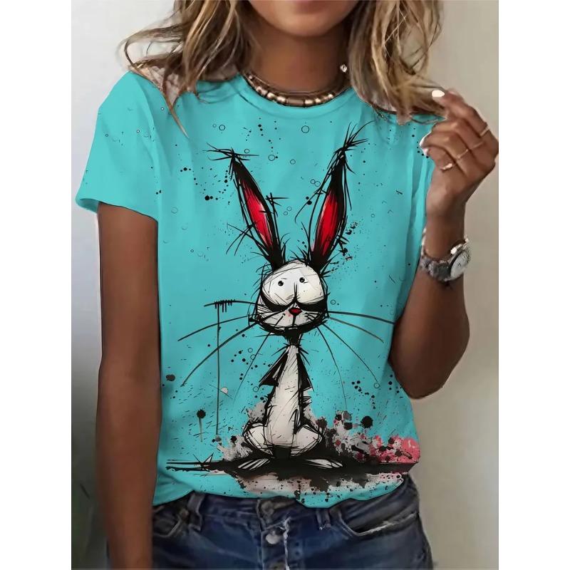 

Женская летняя футболка с круглым вырезом и короткими рукавами в сочетании с повседневным топом с 3D аниме-рисунком и принтом кролика, дышащая, машинная стирка 6XL