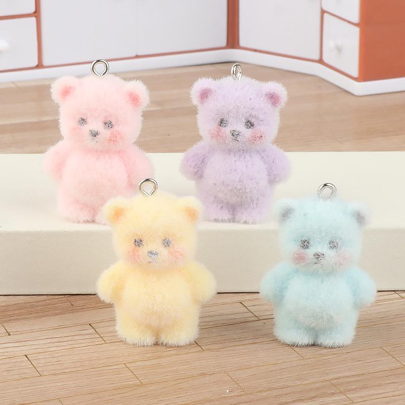 Pink Flocked Resin Bear Charm for Keychain, Bag, Earrings, Necklace