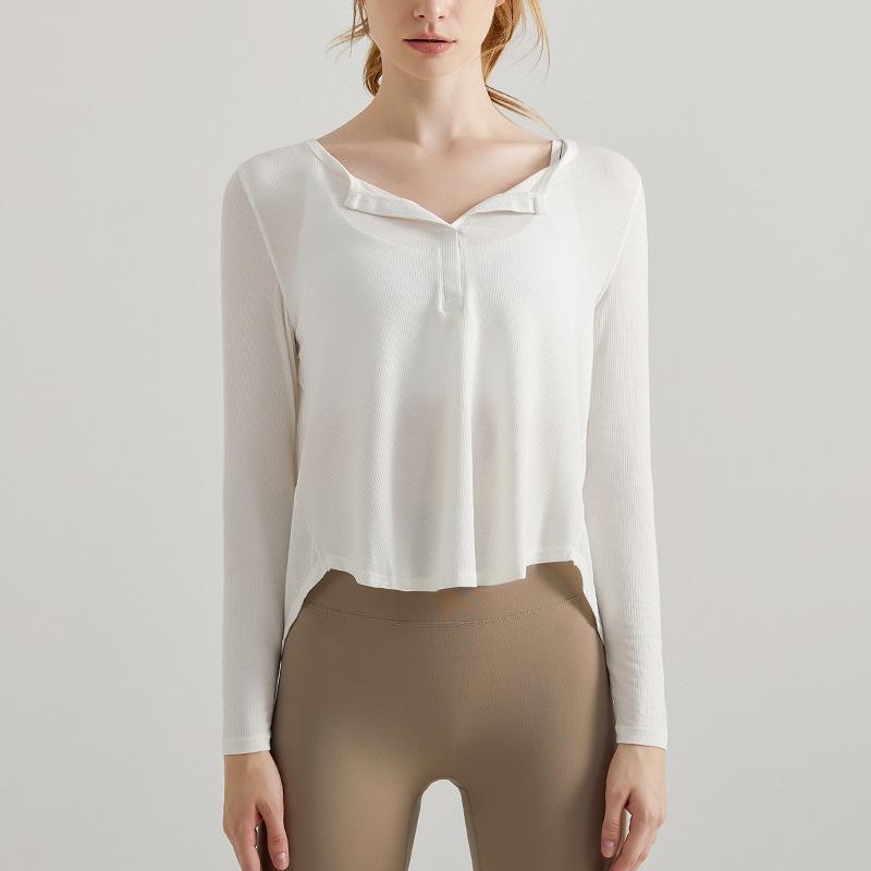 

Полосатый топ Chuandun с открытым воротником и длинными рукавами для йоги для женщин S