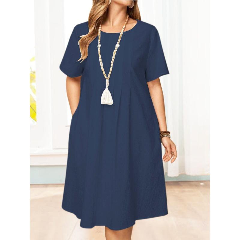 

DAFIFY Женская мода лето весна однотонный принт с коротким рукавом и круглым вырезом свободная талия повседневные платья XXL темно-синий