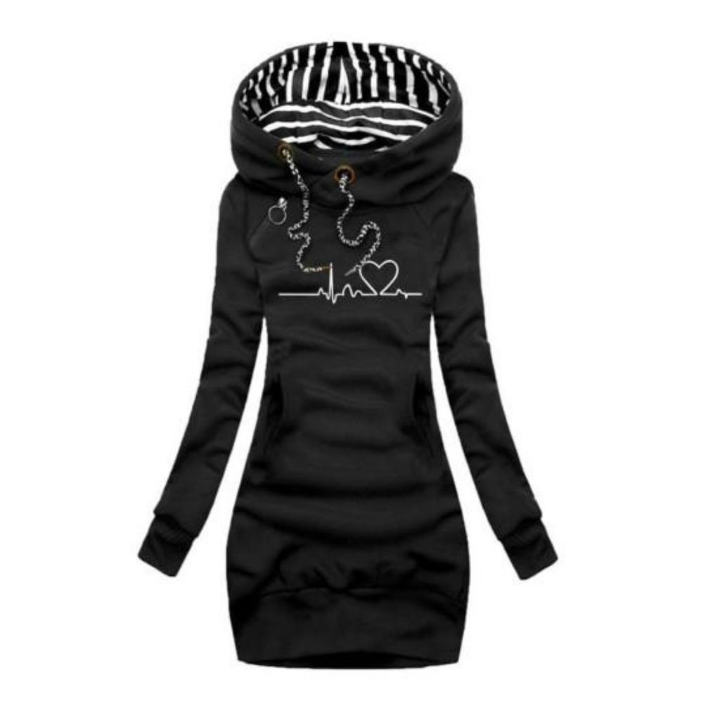 Tasca frontale con coulisse Maniche lunghe Pullover di media lunghezza Felpa con cappuccio Donna Autunno Inverno Battito cardiaco Stampa Felpa con cappuccio slim fit Capispalla
